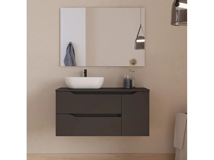 Meuble de salle de bain 100cm avec plateau, vasque à poser déportée à gauche Zeus et miroir - 2 tiroirs et un placard - noir - ZARZA