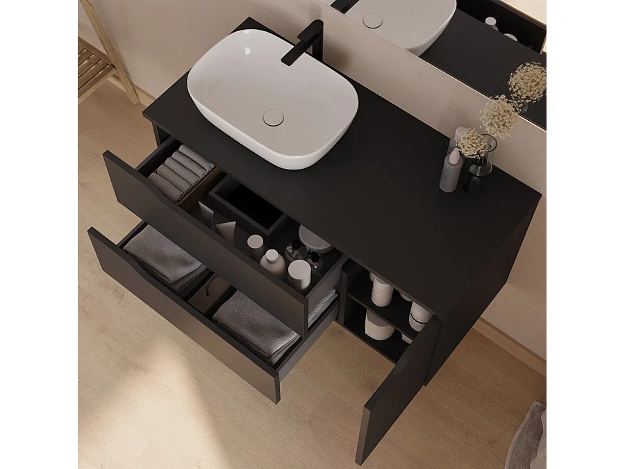 Meuble de salle de bain 100cm avec plateau, vasque à poser déportée à gauche Zeus et miroir - 2 tiroirs et un placard - noir - ZARZA