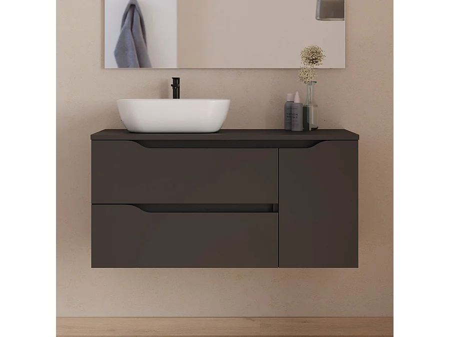 Meuble de salle de bain 100cm avec plateau, vasque à poser déportée à gauche Zeus et miroir - 2 tiroirs et un placard - noir - ZARZA