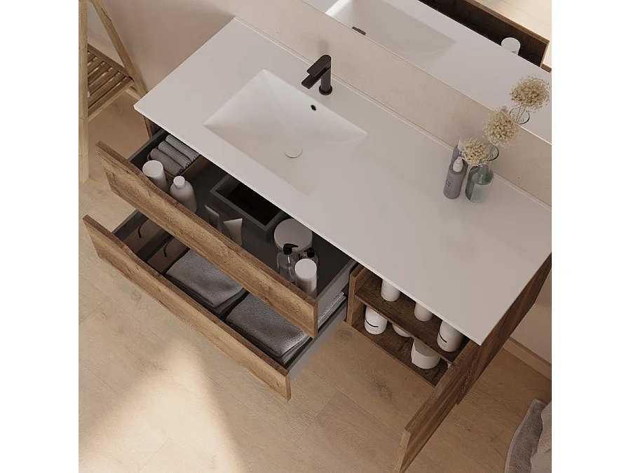 Meuble de salle de bain 120cm avec vasque déportée à gauche - sans miroir - 2 tiroirs et un placard - tabaco (bois foncé) - ZARZA