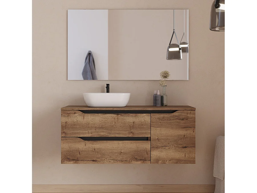 Meuble de salle de bain 120cm avec plateau, vasque à poser déportée à gauche Zeus et miroir - 2 tiroirs et un placard - tabaco (bois foncé) - ZARZA