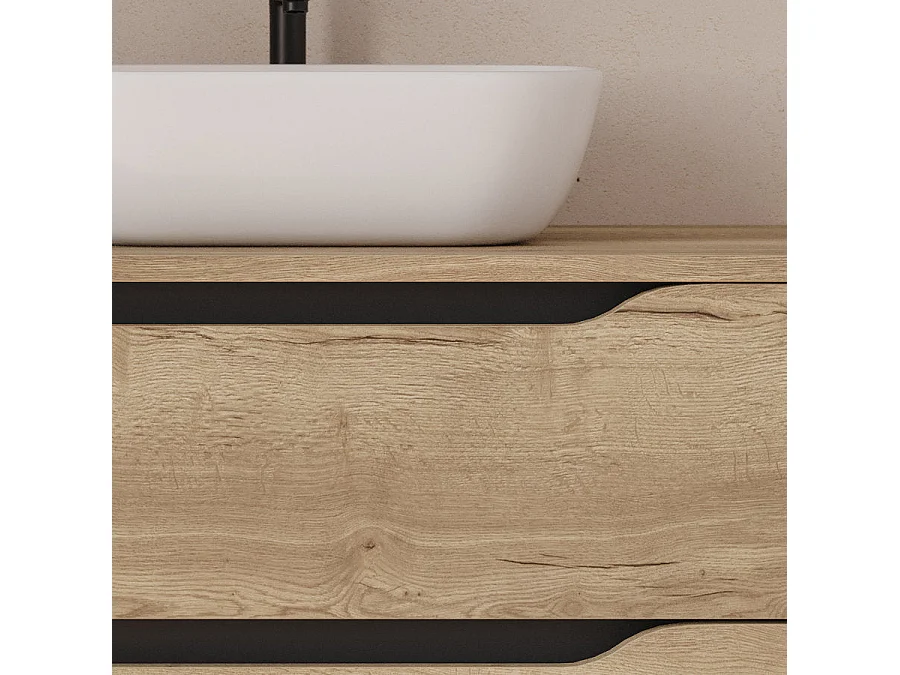 Meuble de salle de bain 120cm avec plateau, vasque à poser déportée à droite Zeus et miroir - 2 tiroirs et un placard - madera miel (bois clair) - ZARZA