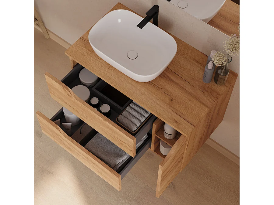 Meuble de salle de bain 80cm avec plateau et vasque à poser à gauche Zeus - sans miroir - 2 tiroirs et un placard - roble (chêne clair) - ZARZA