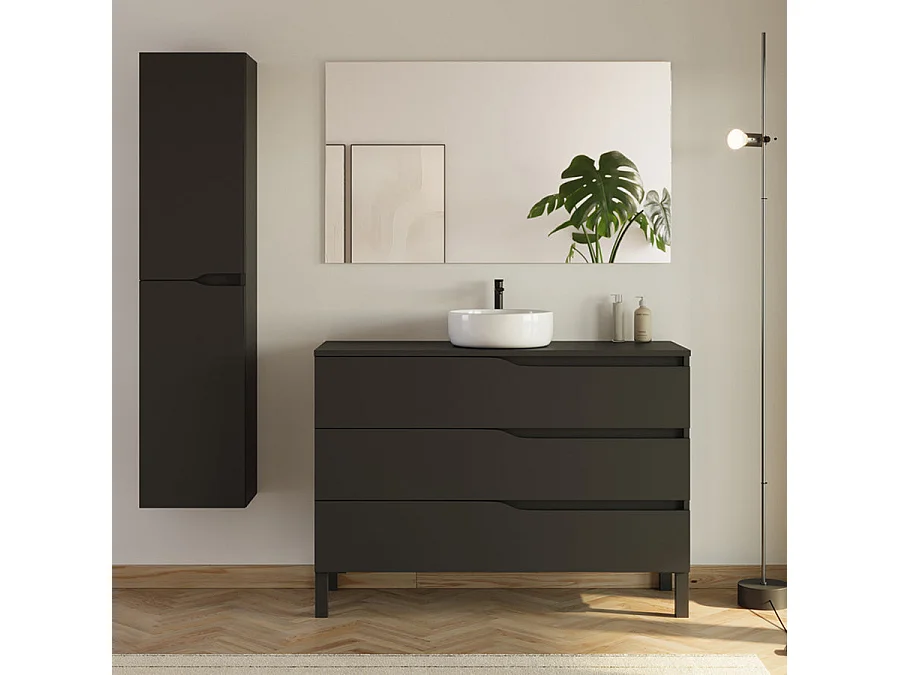 Meuble de salle de bain 120cm avec plateau et vasque ronde Ares - 3 tiroirs et colonne de rangement - noir mat - MATA