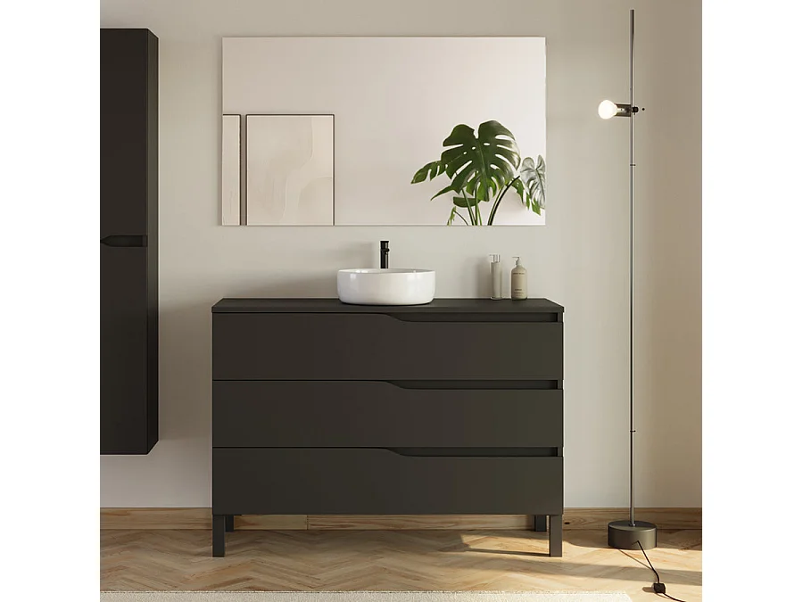Meuble de salle de bain 120cm avec plateau et vasque ronde Ares - 3 tiroirs et colonne de rangement - noir mat - MATA