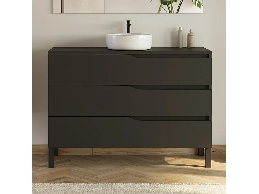 Meuble de salle de bain 120cm avec plateau et vasque ronde Ares - 3 tiroirs et colonne de rangement - noir mat - MATA