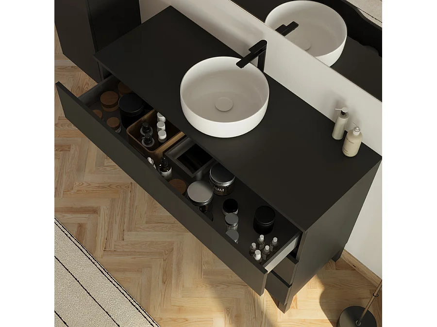 Meuble de salle de bain 120cm avec plateau et vasque ronde Ares - 3 tiroirs et colonne de rangement - noir mat - MATA