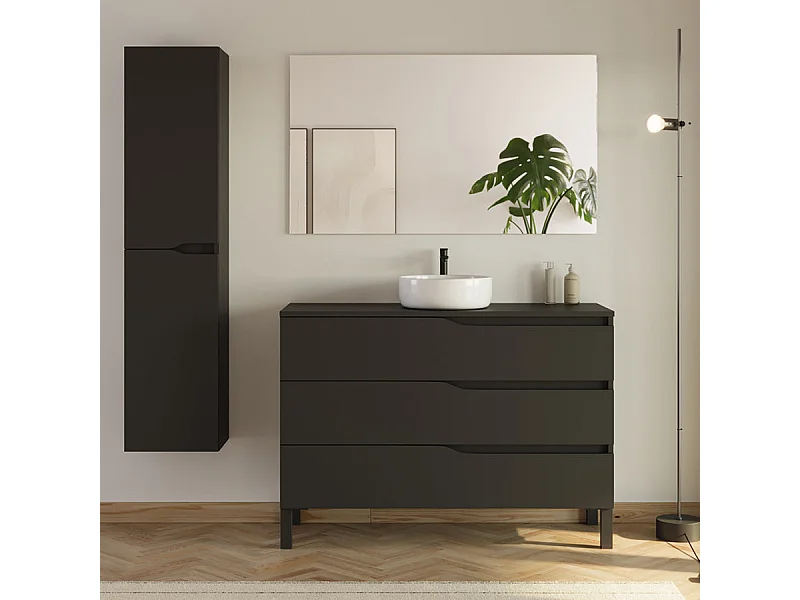 Meuble de salle de bain 120cm avec plateau et vasque ronde Ares - 3 tiroirs et colonne de rangement - noir mat - MATA