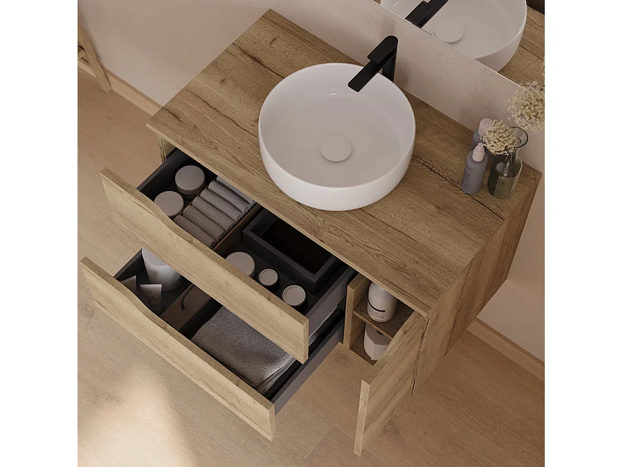 Meuble de salle de bain 80cm avec plateau et vasque à poser centrée Ares - sans miroir - 2 tiroirs et un placard - madera miel (bois clair) - ZARZA