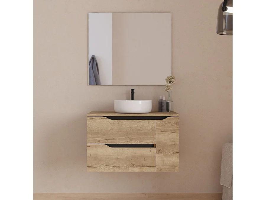 Meuble de salle de bain 80cm avec plateau et vasque à poser centrée Ares - sans miroir - 2 tiroirs et un placard - madera miel (bois clair) - ZARZA