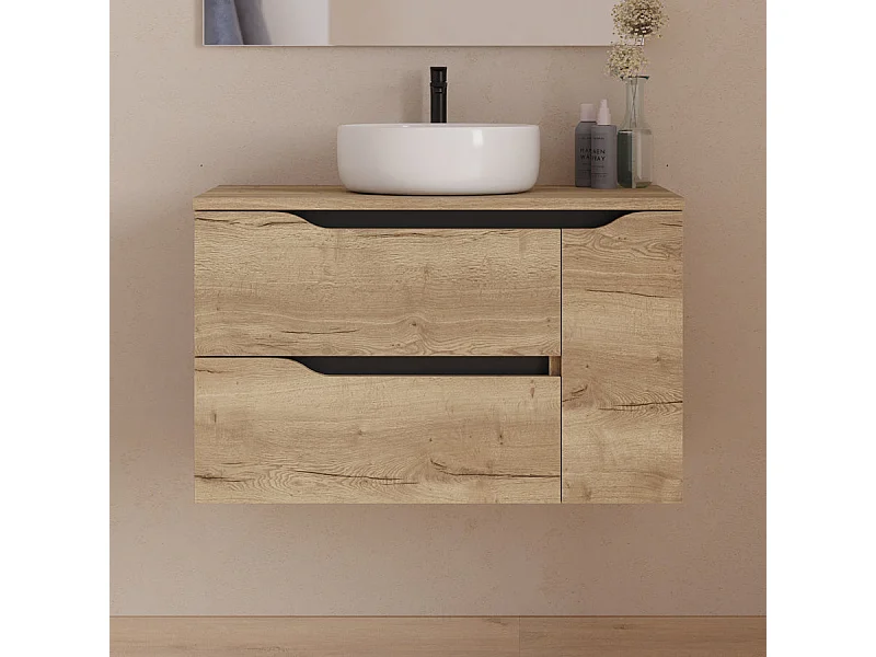 Meuble de salle de bain 80cm avec plateau et vasque à poser centrée Ares - sans miroir - 2 tiroirs et un placard - madera miel (bois clair) - ZARZA