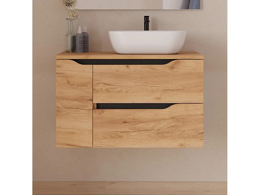 Meuble de salle de bain 80cm avec plateau et vasque à poser à droite Zeus - sans miroir - 2 tiroirs et un placard - roble (chêne clair) - ZARZA
