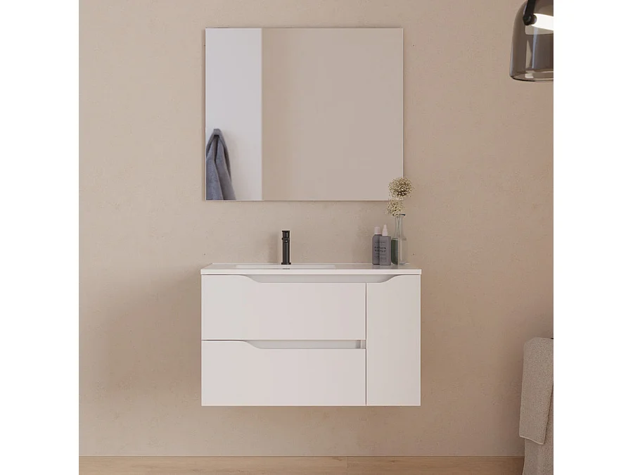 Meuble de salle de bain 80cm avec vasque déportée à gauche et miroir - 2 tiroirs et un placard - blanc - ZARZA