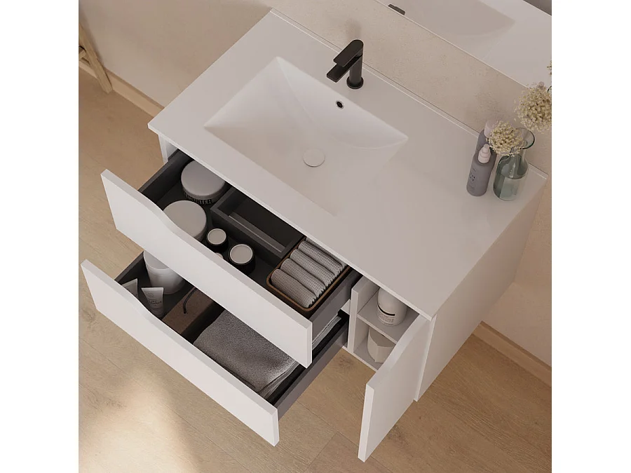 Meuble de salle de bain 80cm avec vasque déportée à gauche et miroir - 2 tiroirs et un placard - blanc - ZARZA