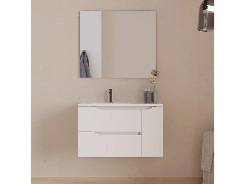 Meuble de salle de bain 80cm avec vasque déportée à gauche et miroir - 2 tiroirs et un placard - blanc - ZARZA
