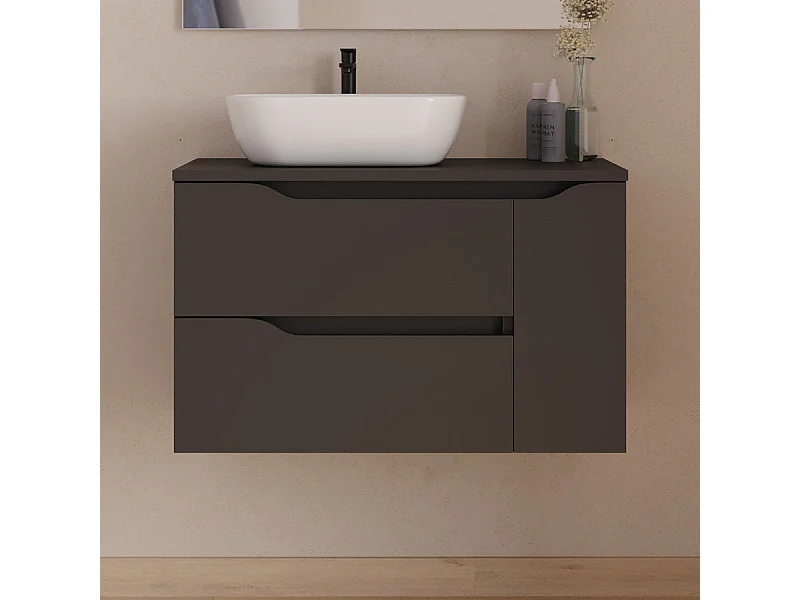 Meuble de salle de bain 80cm avec plateau et vasque à poser à gauche Zeus - sans miroir - 2 tiroirs et un placard - noir - ZARZA