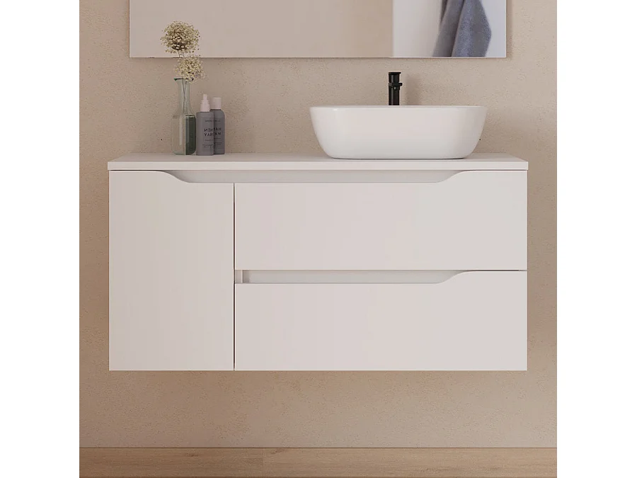 Meuble de salle de bain 100cm avec plateau, vasque à poser déportée à droite Zeus et miroir - 2 tiroirs et un placard - blanc - ZARZA
