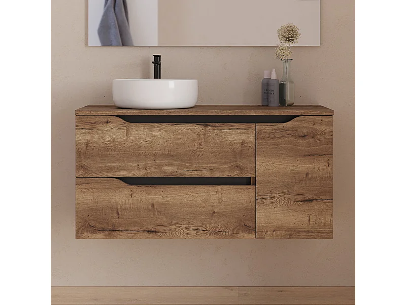 Meuble de salle de bain 100cm avec plateau et vasque à poser à gauche Ares - sans miroir - 2 tiroirs et un placard - tabaco (bois foncé) - ZARZA