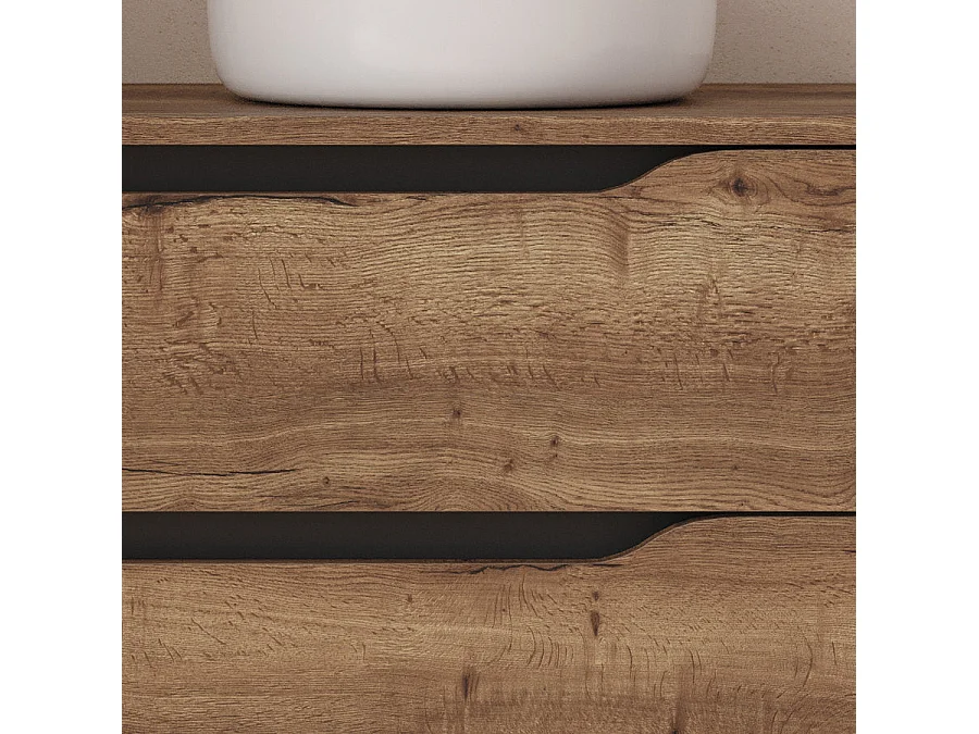 Meuble de salle de bain 80cm avec plateau, vasque à poser déportée à droite Ares et miroir - 2 tiroirs et un placard - tabaco (bois foncé) - ZARZA