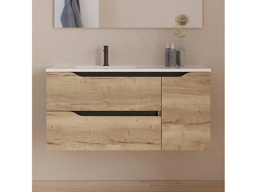 Meuble de salle de bain 100cm avec vasque déportée à gauche - sans miroir - 2 tiroirs et un placard - madera miel (bois clair) - ZARZA