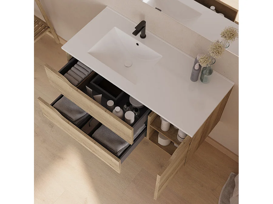 Meuble de salle de bain 100cm avec vasque déportée à gauche - sans miroir - 2 tiroirs et un placard - madera miel (bois clair) - ZARZA