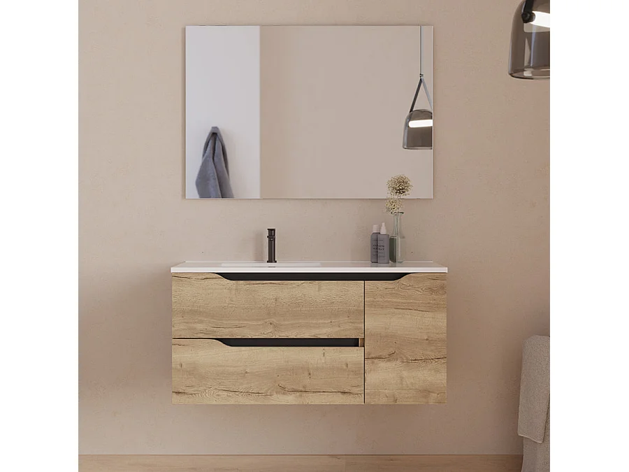 Meuble de salle de bain 100cm avec vasque déportée à gauche - sans miroir - 2 tiroirs et un placard - madera miel (bois clair) - ZARZA