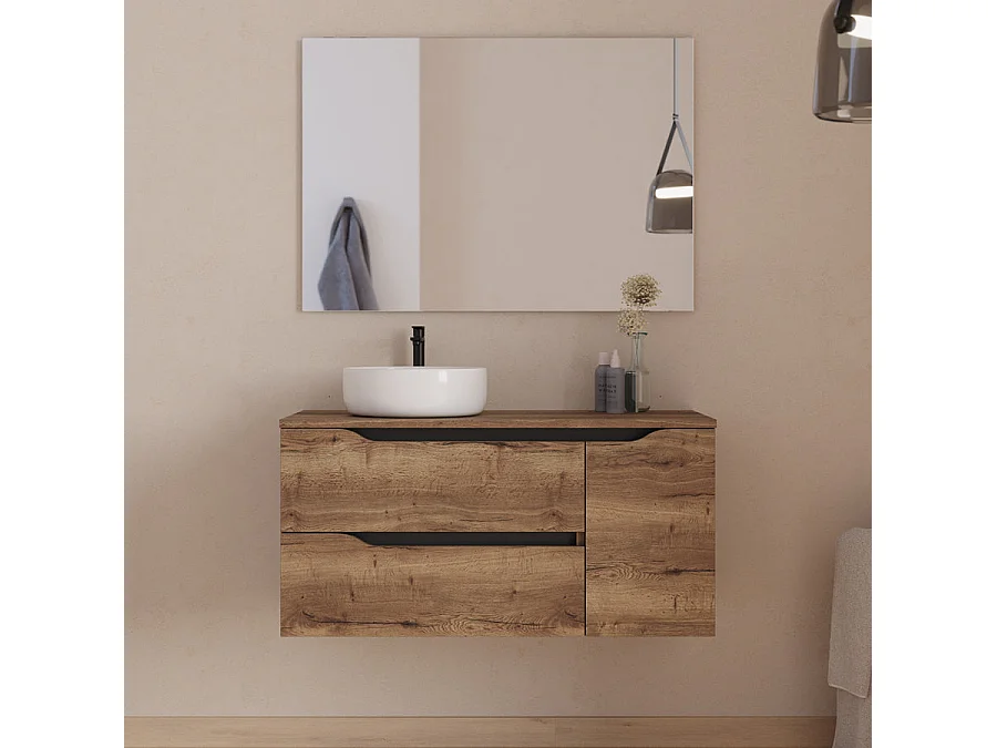 Meuble de salle de bain 100cm avec plateau, vasque à poser déportée à gauche Ares et miroir - 2 tiroirs et un placard - tabaco (bois foncé) - ZARZA