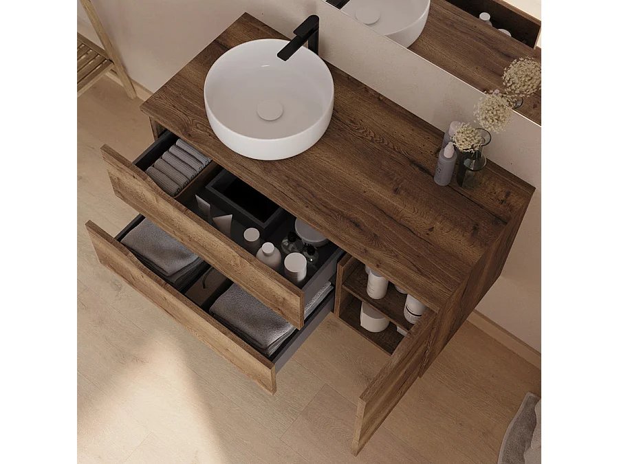 Meuble de salle de bain 100cm avec plateau, vasque à poser déportée à gauche Ares et miroir - 2 tiroirs et un placard - tabaco (bois foncé) - ZARZA