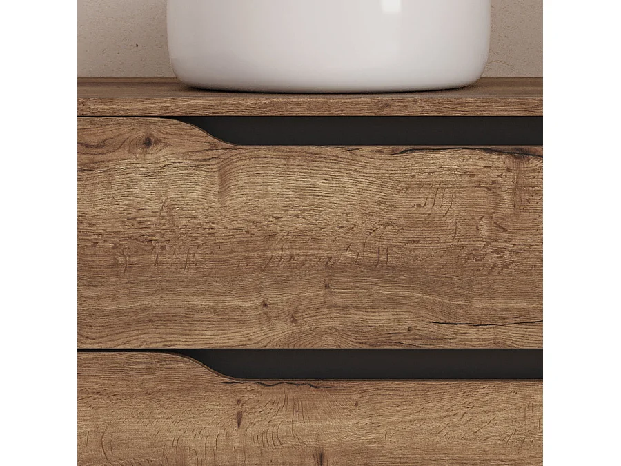 Meuble de salle de bain 100cm avec plateau, vasque à poser déportée à gauche Ares et miroir - 2 tiroirs et un placard - tabaco (bois foncé) - ZARZA