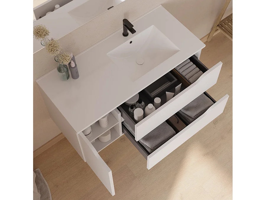 Meuble de salle de bain 100cm avec vasque déportée à droite - sans miroir - 2 tiroirs et un placard - blanc - ZARZA