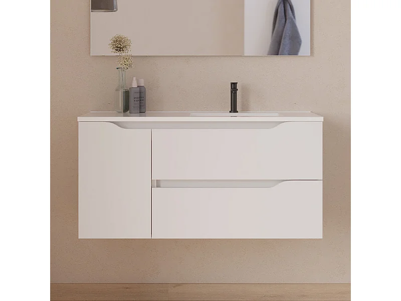 Meuble de salle de bain 100cm avec vasque déportée à droite - sans miroir - 2 tiroirs et un placard - blanc - ZARZA