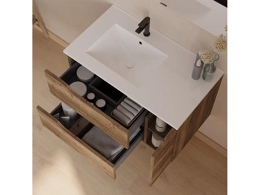 Meuble de salle de bain 80cm avec vasque déportée à gauche et miroir - 2 tiroirs et un placard - tabaco (bois foncé) - ZARZA