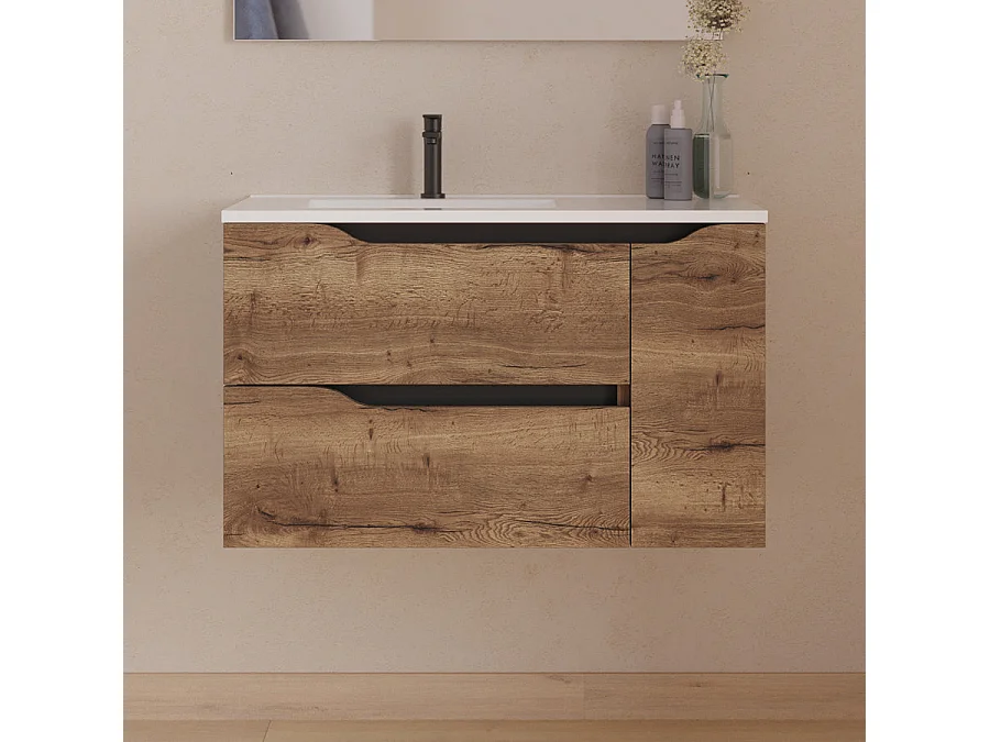 Meuble de salle de bain 80cm avec vasque déportée à gauche et miroir - 2 tiroirs et un placard - tabaco (bois foncé) - ZARZA