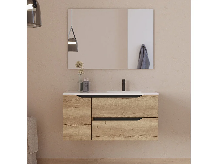 Meuble de salle de bain 100cm avec vasque déportée à droite et miroir - 2 tiroirs et un placard - madera miel (bois clair) - ZARZA