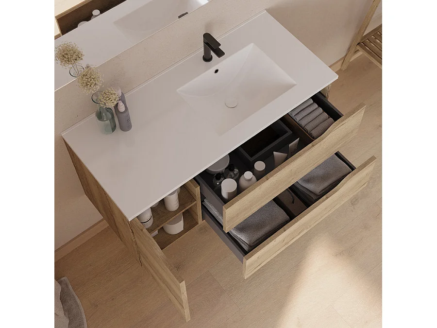 Meuble de salle de bain 100cm avec vasque déportée à droite et miroir - 2 tiroirs et un placard - madera miel (bois clair) - ZARZA