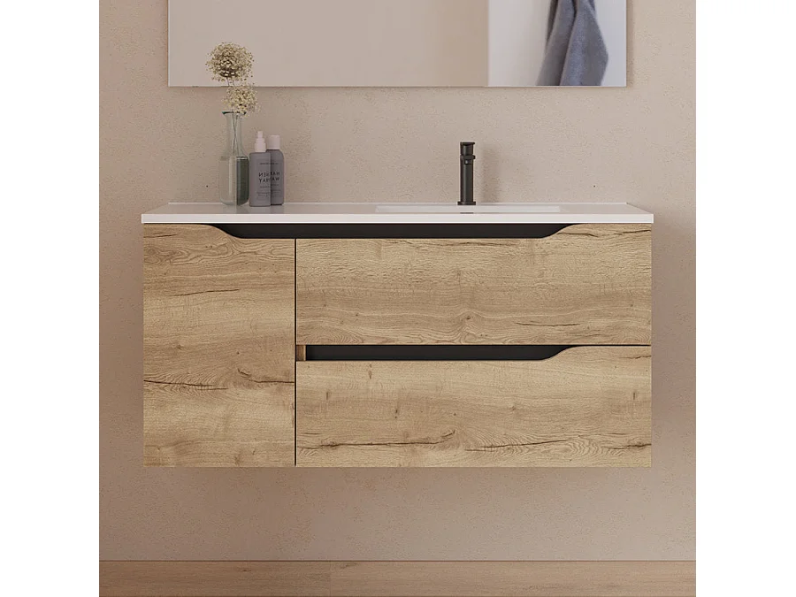 Meuble de salle de bain 100cm avec vasque déportée à droite et miroir - 2 tiroirs et un placard - madera miel (bois clair) - ZARZA