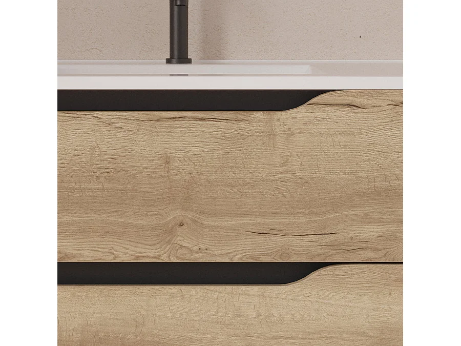 Meuble de salle de bain 100cm avec vasque déportée à droite et miroir - 2 tiroirs et un placard - madera miel (bois clair) - ZARZA