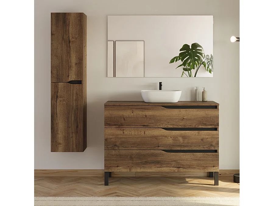 Meuble de salle de bain 120cm avec plateau et vasque ronde Zeus - 3 tiroirs et colonne de rangement - tabaco (chêne foncé) - MATA
