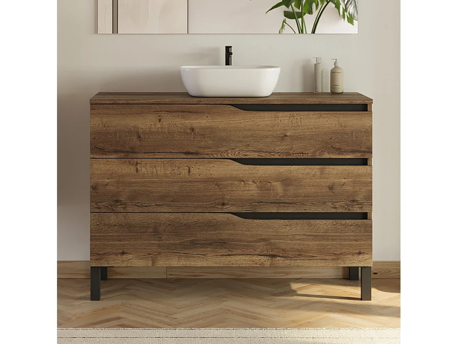 Meuble de salle de bain 120cm avec plateau et vasque ronde Zeus - 3 tiroirs et colonne de rangement - tabaco (chêne foncé) - MATA