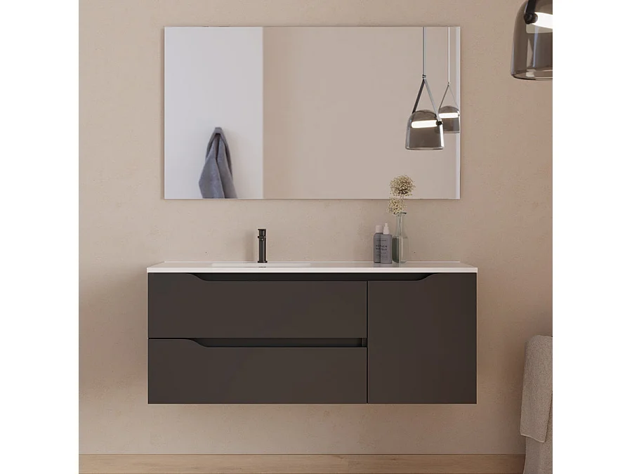 Meuble de salle de bain 120cm avec vasque déportée à gauche et miroir - 2 tiroirs et un placard - noir - ZARZA