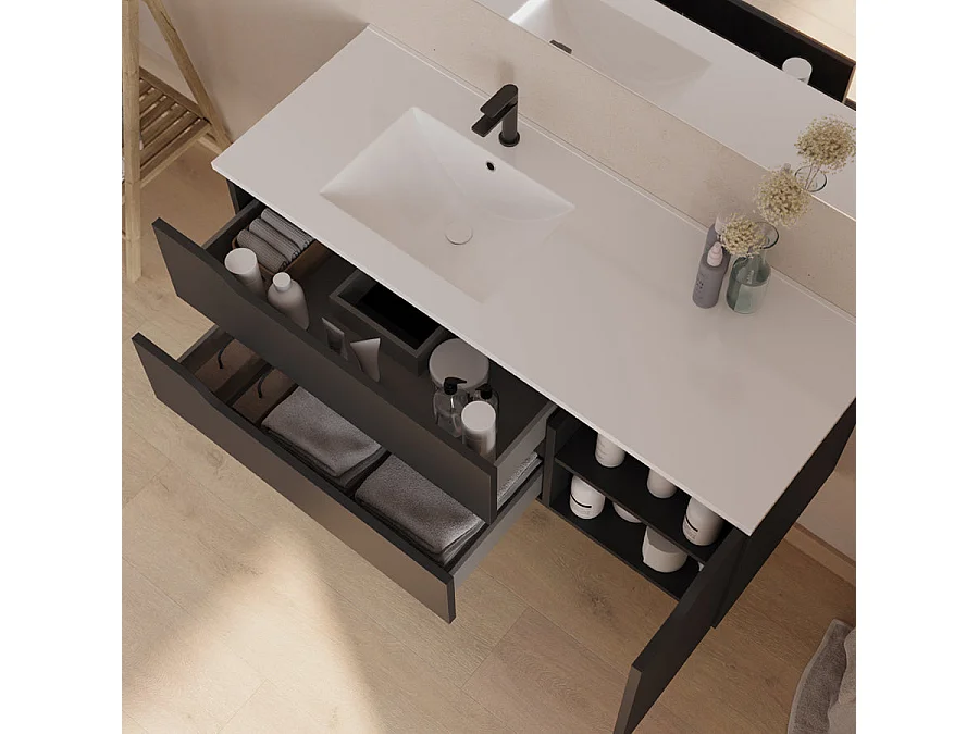Meuble de salle de bain 120cm avec vasque déportée à gauche et miroir - 2 tiroirs et un placard - noir - ZARZA