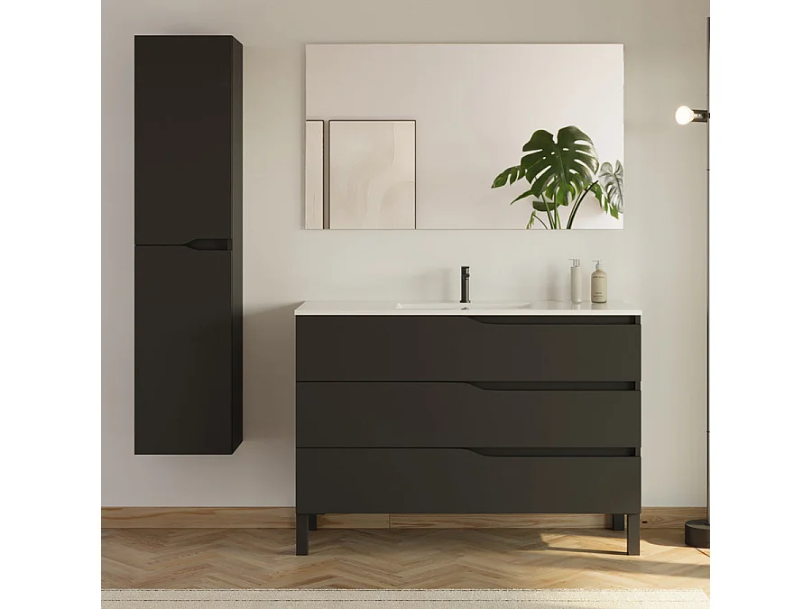Meuble de salle de bain 120cm avec simple vasque - 3 tiroirs et colonne de rangement - noir mat - MATA