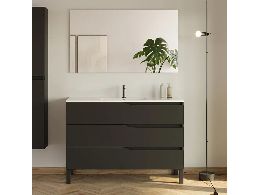 Meuble de salle de bain 120cm avec simple vasque - 3 tiroirs et colonne de rangement - noir mat - MATA