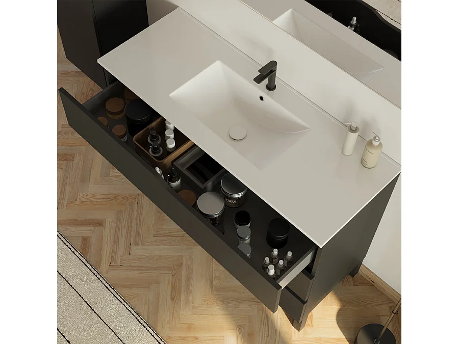 Meuble de salle de bain 120cm avec simple vasque - 3 tiroirs et colonne de rangement - noir mat - MATA