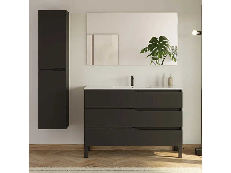 Meuble de salle de bain 120cm avec simple vasque - 3 tiroirs et colonne de rangement - noir mat - MATA