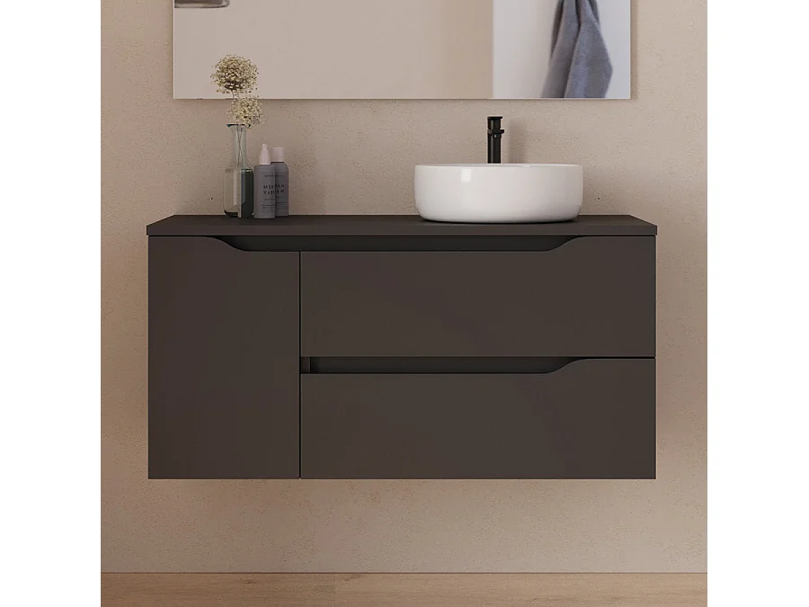 Meuble de salle de bain 100cm avec plateau, vasque à poser déportée à droite Ares et miroir - 2 tiroirs et un placard - noir - ZARZA