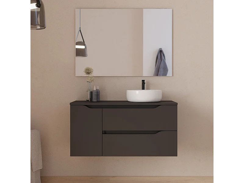 Meuble de salle de bain 100cm avec plateau, vasque à poser déportée à droite Ares et miroir - 2 tiroirs et un placard - noir - ZARZA