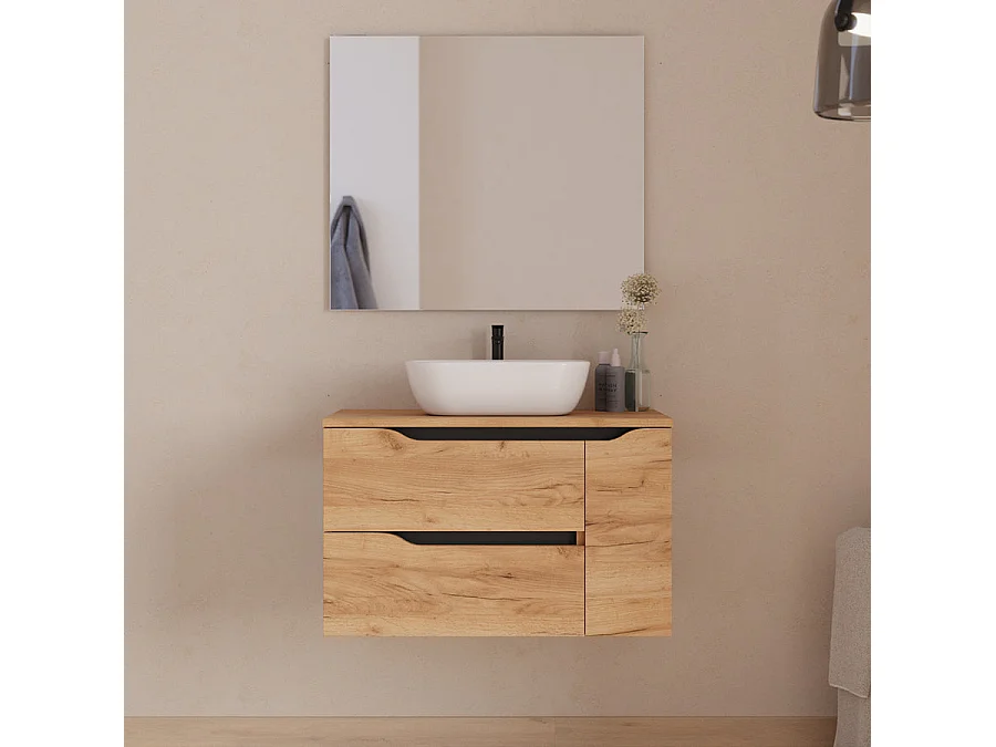 Meuble de salle de bain 80cm avec plateau, vasque à poser centrée Zeus et miroir - 2 tiroirs et un placard - roble (chêne clair) - ZARZA
