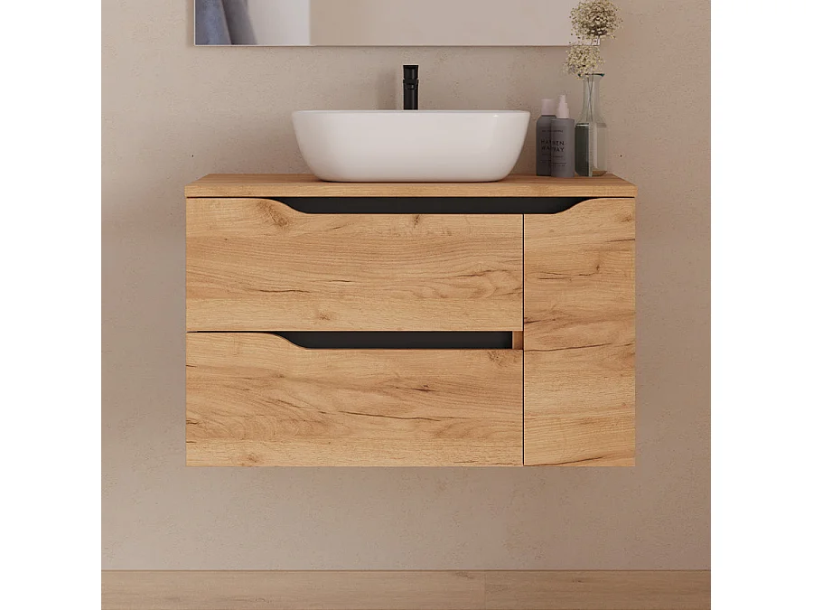 Meuble de salle de bain 80cm avec plateau, vasque à poser centrée Zeus et miroir - 2 tiroirs et un placard - roble (chêne clair) - ZARZA