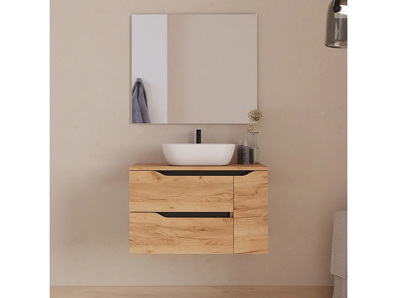 Meuble de salle de bain 80cm avec plateau, vasque à poser centrée Zeus et miroir - 2 tiroirs et un placard - roble (chêne clair) - ZARZA